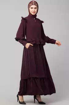Wine Matt Nida Frill at waist shoulder double sleeve flare casual Abaya
