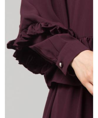 Wine Matt Nida Frill at waist shoulder double sleeve flare casual Abaya 6