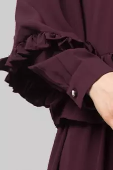 Wine Matt Nida Frill at waist shoulder double sleeve flare casual Abaya