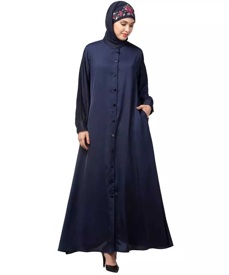 Navy Blue Premium Shine Nida Front open Band Colar & cuff Daily wear casual Abaya