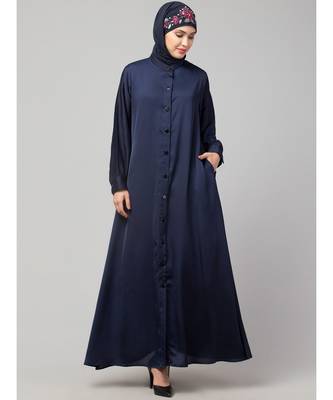 Navy Blue Premium Shine Nida Front open Band Colar & cuff Daily wear casual Abaya 2