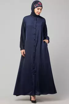 Navy Blue Premium Shine Nida Front open Band Colar & cuff Daily wear casual Abaya