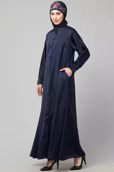 Navy Blue Premium Shine Nida Front open Band Colar & cuff Daily wear casual Abaya