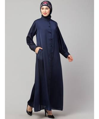 Navy Blue Premium Shine Nida Front open Band Colar & cuff Daily wear casual Abaya 4
