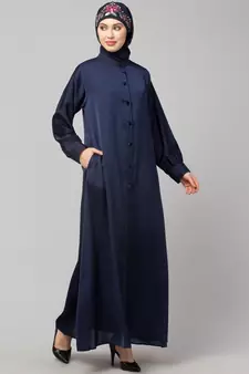 Navy Blue Premium Shine Nida Front open Band Colar & cuff Daily wear casual Abaya