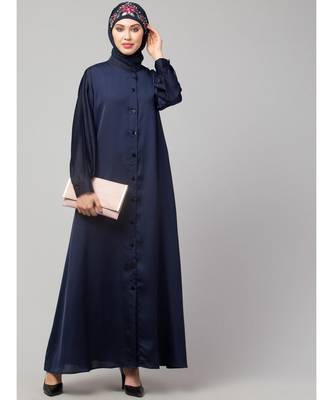 Navy Blue Premium Shine Nida Front open Band Colar & cuff Daily wear casual Abaya 6