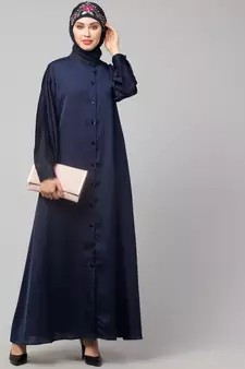 Navy Blue Premium Shine Nida Front open Band Colar & cuff Daily wear casual Abaya