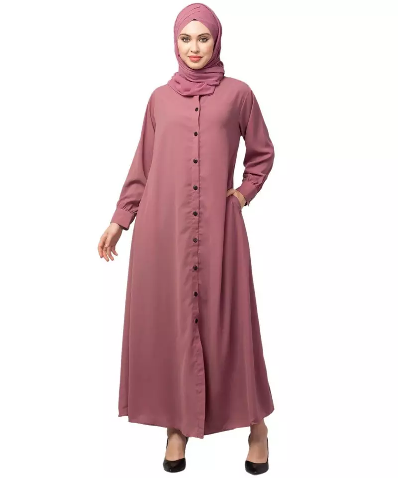 Mauve Pink Matt Nida Front open Band Colar & cuff Daily wear casual Abaya