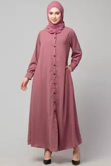 Mauve Pink Matt Nida Front open Band Colar & cuff Daily wear casual Abaya