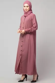 Mauve Pink Matt Nida Front open Band Colar & cuff Daily wear casual Abaya
