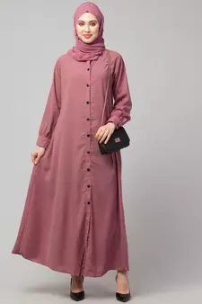 Mauve Pink Matt Nida Front open Band Colar & cuff Daily wear casual Abaya