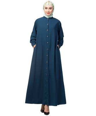 Teal Blue Matt Nida Front open Band Colar & cuff Daily wear casual Abaya 1