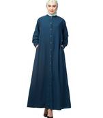 Teal Blue Matt Nida Front open Band Colar & cuff Daily wear casual Abaya