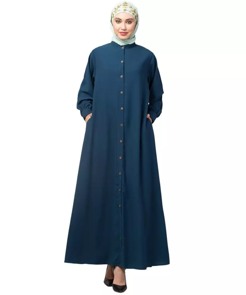 Teal Blue Matt Nida Front open Band Colar & cuff Daily wear casual Abaya