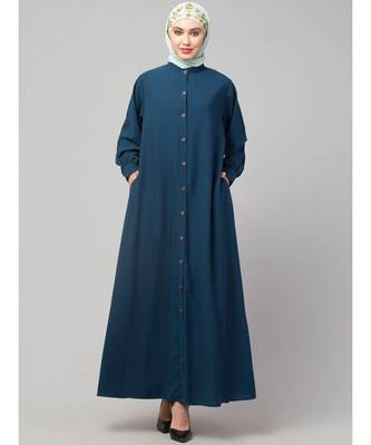 Teal Blue Matt Nida Front open Band Colar & cuff Daily wear casual Abaya 2