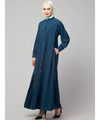 Teal Blue Matt Nida Front open Band Colar & cuff Daily wear casual Abaya 3