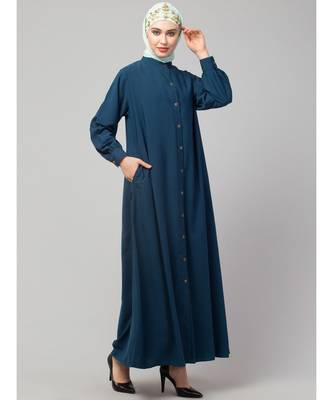 Teal Blue Matt Nida Front open Band Colar & cuff Daily wear casual Abaya 4