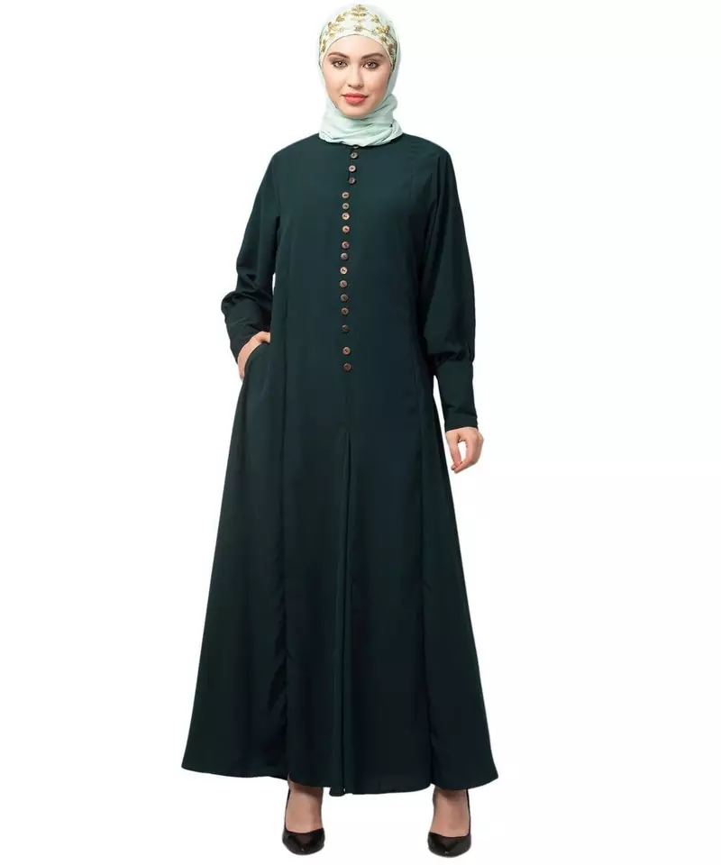 Green Matt Nida Long Cuff buttons till waist umbrella Abaya