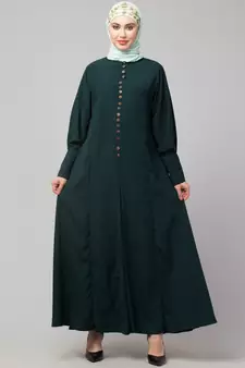 Green Matt Nida Long Cuff buttons till waist umbrella Abaya