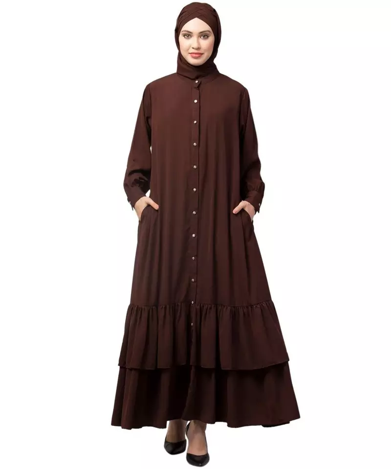 Brown Matt Nida Front Open Frill at Bottom Casual Abaya