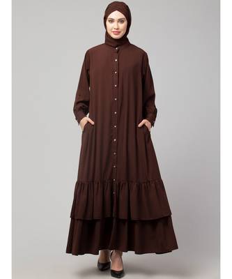 Brown Matt Nida Front Open Frill at Bottom Casual Abaya 2