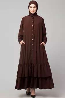 Brown Matt Nida Front Open Frill at Bottom Casual Abaya