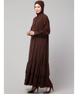 Brown Matt Nida Front Open Frill at Bottom Casual Abaya 3