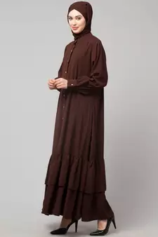 Brown Matt Nida Front Open Frill at Bottom Casual Abaya