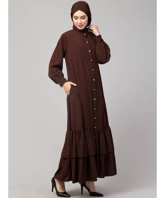 Brown Matt Nida Front Open Frill at Bottom Casual Abaya 4