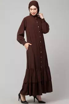 Brown Matt Nida Front Open Frill at Bottom Casual Abaya