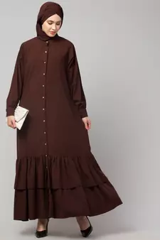 Brown Matt Nida Front Open Frill at Bottom Casual Abaya