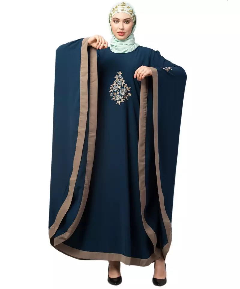 Teal/Khaki Matt Nida Contrast border front and sleeve embroidery Kaftan