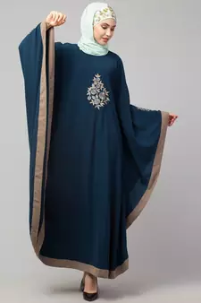 Teal/Khaki Matt Nida Contrast border front and sleeve embroidery Kaftan