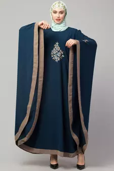 Teal/Khaki Matt Nida Contrast border front and sleeve embroidery Kaftan