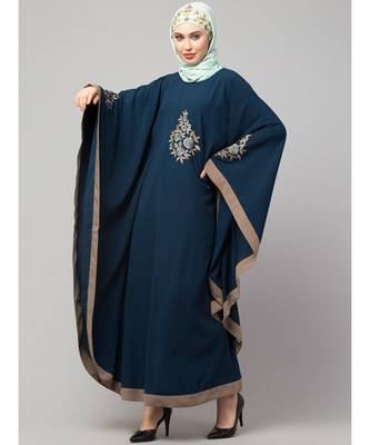 Teal/Khaki Matt Nida Contrast border front and sleeve embroidery Kaftan 4