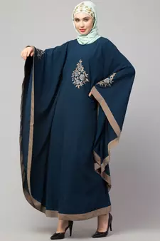 Teal/Khaki Matt Nida Contrast border front and sleeve embroidery Kaftan