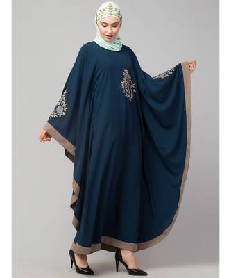 Teal/Khaki Matt Nida Contrast border front and sleeve embroidery Kaftan 5