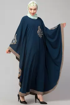 Teal/Khaki Matt Nida Contrast border front and sleeve embroidery Kaftan