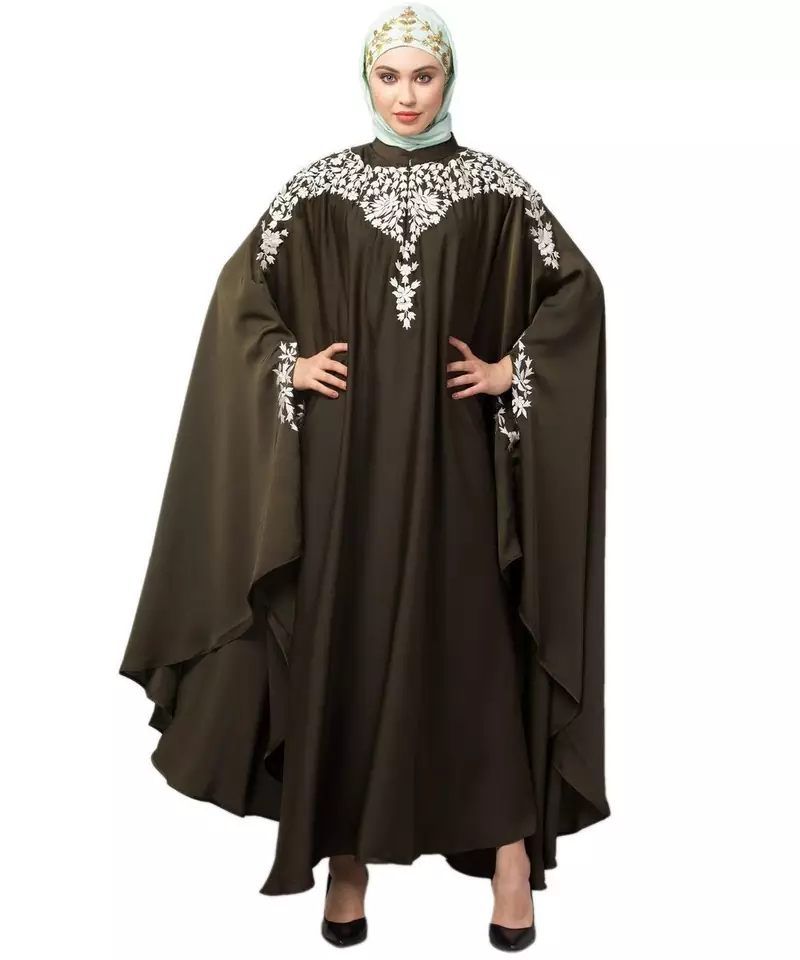 Olive Gree Matt Nida Front to back & at hand opening Resham Embroidery Irani Kaftan