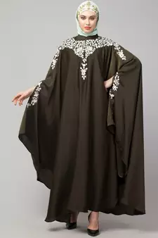Olive Gree Matt Nida Front to back & at hand opening Resham Embroidery Irani Kaftan
