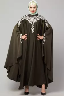 Olive Gree Matt Nida Front to back & at hand opening Resham Embroidery Irani Kaftan
