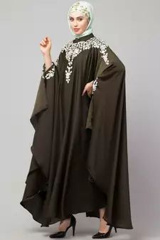 Olive Gree Matt Nida Front to back & at hand opening Resham Embroidery Irani Kaftan