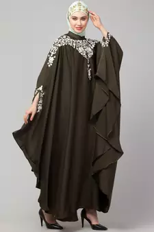Olive Gree Matt Nida Front to back & at hand opening Resham Embroidery Irani Kaftan