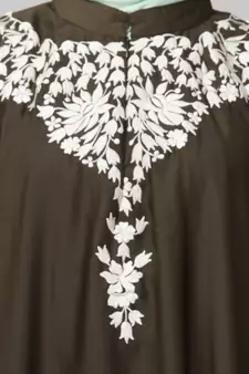 Olive Gree Matt Nida Front to back & at hand opening Resham Embroidery Irani Kaftan