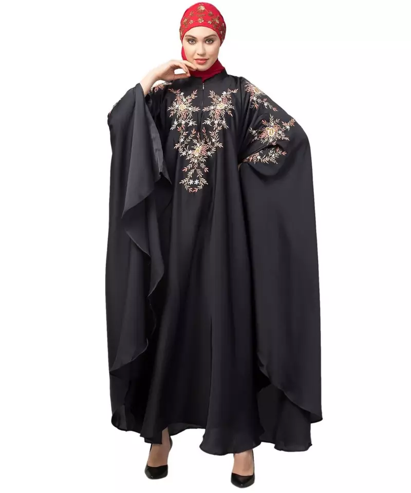 Dark Grey Premium Shine Nida front and sleeve resham embroidery Irani Kaftan