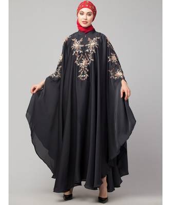 Dark Grey Premium Shine Nida front and sleeve resham embroidery Irani Kaftan 2