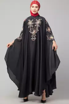 Dark Grey Premium Shine Nida front and sleeve resham embroidery Irani Kaftan