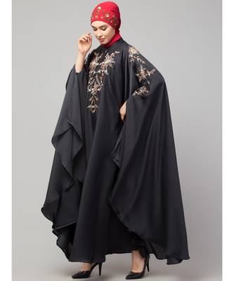 Dark Grey Premium Shine Nida front and sleeve resham embroidery Irani Kaftan 4