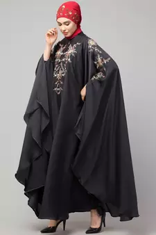 Dark Grey Premium Shine Nida front and sleeve resham embroidery Irani Kaftan