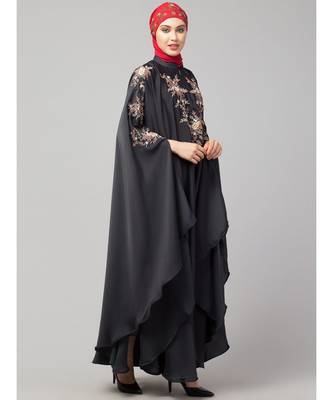 Dark Grey Premium Shine Nida front and sleeve resham embroidery Irani Kaftan 5